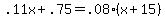 +.11x+%2B+.75+=+.08%2A%28+x+%2B+15+%29+