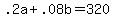 +.2a+%2B+.08b+=+320+