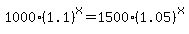 +1000%281.1%29%5Ex+++=++1500%281.05%29%5Ex+