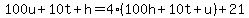 +100u+%2B+10t+%2B+h+=+4%2A%28+100h+%2B+10t+%2B+u+%29+%2B+21+