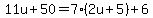 +11u+%2B+50+=+7%2A%28+2u+%2B+5+%29+%2B+6+