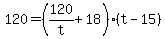 +120+=+%28+120%2Ft+%2B+18+%29%2A%28+t+-+15+%29+