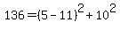 +136+=+%285+-+11%29%5E2+%2B+10%5E2+