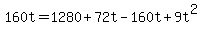 +160t+=+1280+%2B+72t+-+160t+%2B+9t%5E2+