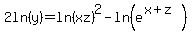 +2ln%28y%29+=+ln%28xz%29%5E2+-+ln%28e%5E%28x%2Bz%29%29+
