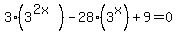 +3%283%5E%282x%29%29+-+28%283%5Ex%29+%2B+9+=+0+