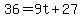 +36+=+9t+%2B+27+
