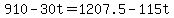 +910+-+30t+=+1207.5+-+115t+