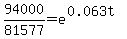 +94000%2F81577+=+e%5E%280.063t%29+