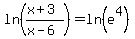 +ln%28+%28+x+%2B+3+%29+%2F+%28+x-+6+%29+%29+=+ln%28+e%5E4+%29+