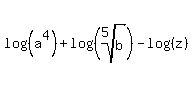 +log%28%28a%5E4%29%29+%2B++log%28%28root%285%2C+b%29%29%29+-+log%28%28z%29%29+