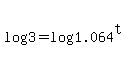 +log%283%29+=+log%28+1.064%5Et+%29+