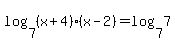 +log%287%2C%28x%2B4%29%28x-2%29%29+=+log%287%2C7%29