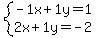 +system%28+%0D%0A++++-1%5Cx+%2B+1%5Cy+=+1%2C%0D%0A++++2%5Cx+%2B+1%5Cy+=+-2+%29%0D%0A++