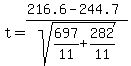 +t+=%28216.6-244.7%29%2Fsqrt%28697%2F11%2B+282%2F11%29+