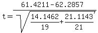 +t+=%2861.4211-62.2857%29%2Fsqrt%2814.1462%2F19%2B+21.1143%2F21%29+