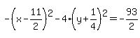 -%28x-11%2F2%29%5E2-4%28y%2B1%2F4%29%5E2=-93%2F2