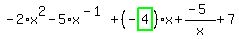-2%2Ax%5E2-5%2Ax%5E%28-1%29%2B%28-highlight_green%28+4+%29%29%2Ax%2B%28-5%29%2Fx%2B7