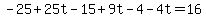 -25%2B25t-15%2B9t-4-4t=16