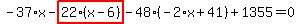 -37%2Ax-highlight_red%28+22%2A%28x-6%29+%29-48%2A%28-2%2Ax%2B41%29%2B1355=0