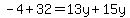 -4%2B32=13y%2B15y