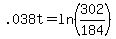 .038t+=+ln%28302%2F184%29