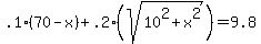 .1%2870-x%29+%2B+.2%28sqrt%2810%5E2+%2B+x%5E2%29%29+=+9.8