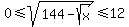 0%3C=sqrt%28144-sqrt%28x%29%29%3C=12