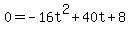 0=-16t%5E2%2B40t%2B8