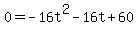 0=-16t%5E2-16t%2B60