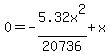 0=-5.32x%5E2%2F20736%2Bx