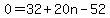 0=32%2B20n-52