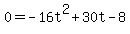 0+=+-16t%5E2+%2B+30t+-+8