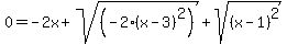 0+=+-2x+%2B+sqrt%28%28-2%28x-3%29%5E2%29%29+%2B+sqrt%28%28x+-1%29%5E2%29