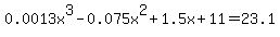 0.0013x%5E3+-+0.075x%5E2+%2B+1.5x+%2B+11=23.1