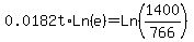 0.0182t%2ALn%28e%29+=+Ln%281400%2F766%29