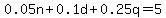 0.05n%2B0.1d%2B0.25q=5