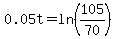 0.05t=ln%28105%2F70%29