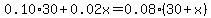 0.10%2A30+%2B+0.02x+=+0.08%2A%2830%2Bx%29