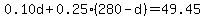 0.10d%2B0.25%28280-d%29=49.45