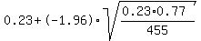 0.23%2B-1.96%2Asqrt%28%280.23%2A0.77%29%2F455%29