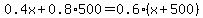 0.4x%2B0.8%2A500=0.6%28x%2B500%29