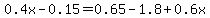 0.4x+-0.15+=+0.65+-1.8%2B0.6x