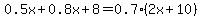 0.5x%2B0.8x%2B8+=+0.7%282x%2B10%29