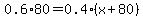 0.6%2A80=0.4%28x%2B80%29