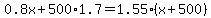 0.8x%2B500%2A1.7=1.55%28x%2B500%29