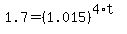 1.7+=+%281.015%29%5E%284%2At%29