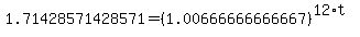 1.71428571428571=%281.00666666666667%29%5E%2812%2At%29
