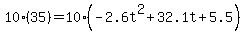 10%2835%29=10%28-2.6t%5E2%2B32.1t%2B5.5%29