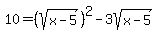 10++=++%28sqrt%28x-5%29%29%5E2+-+3sqrt%28x-5%29